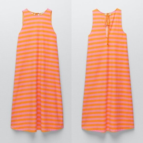New Zara Striped Terrycloth Sleeveless Pink/Orange Midi Dress/Cover-Up NWT Small - Picture 6 of 13